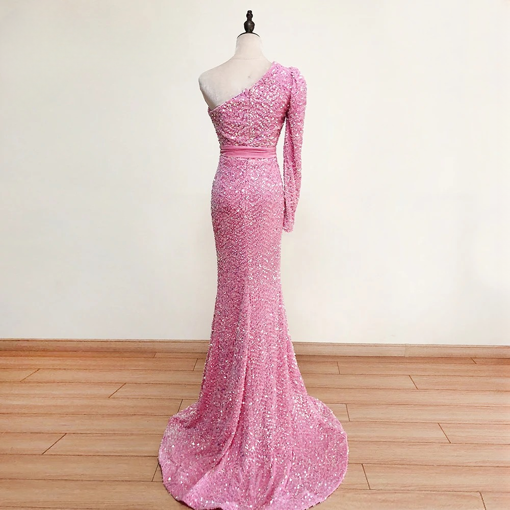 Elegant Sequin Velvet Dresses One Shoulder Long Sleeves Mermaid Dress - Image 6