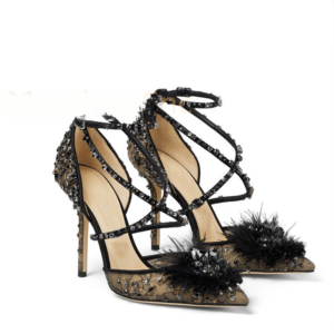 Feather Lace Rhinestone High Heels Pumps Pointed Toe Stiletto Women Sandals