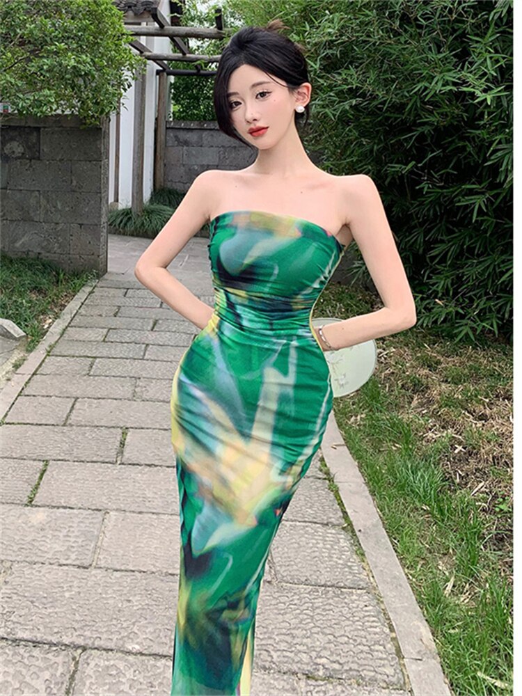 Spring Retro Elegant Dresses for Women 2023 Green Slash Neck Puff Sleeve  Mini Dress Wrap Hip Skinny Slim Clothes Femme Vestidos