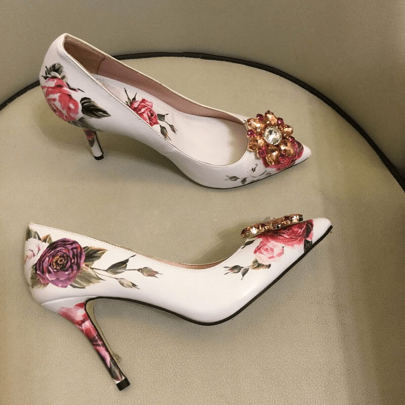 Women's Floral Printed High Heels Retro Pointed Toe Slip - Temu