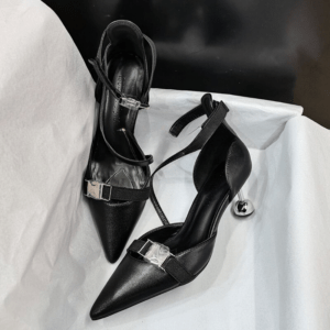 Sexy Black Pointed Toe Thin High Heels Pumps 6CM & 8CM Women Sandals 2023 Spring New Metal Buckle