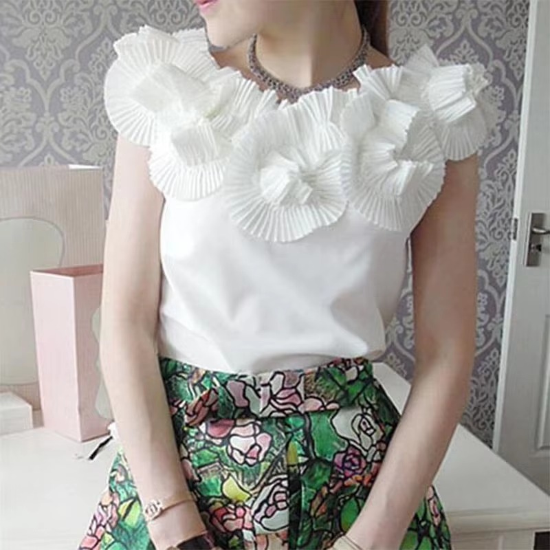 Casual Chiffon Flower Sleeveless Slight Stretch Blouses - Image 3