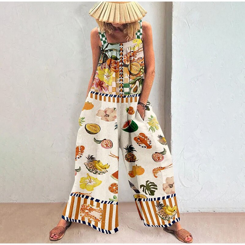 Casual Fruit Print Jumpsuit Women Holiday Beach Sleeveless Wide Leg Pant Female Playsuit Summer Loose Pocket Lady Jumpsuits - Image 2