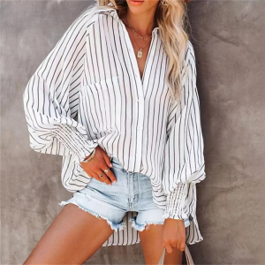 Casual Lapel Thin Mid-Length Striped Long-Sleeve Blouse Shirts