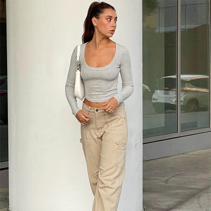 Casual Neck Knitted Stretch Value Skinny Crop T Shirt