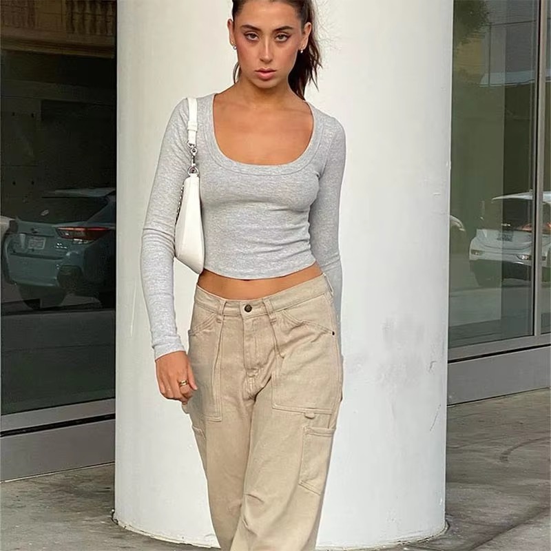 Casual Neck Knitted Stretch Value Skinny Crop T Shirt - Image 3