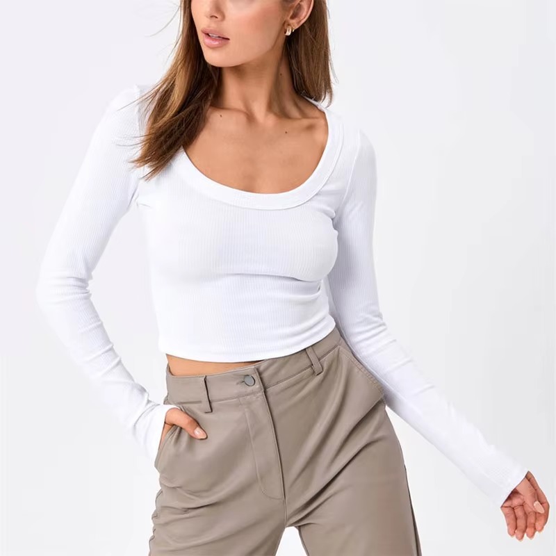 Casual Neck Knitted Stretch Value Skinny Crop T Shirt - Image 17