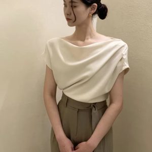 Casual Off Shoulder Short Sleeve Pleated Chiffon Top Blouse