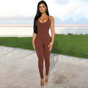 Casual Ribbed Backless Rompers Jumpsuit One Piece Outfits