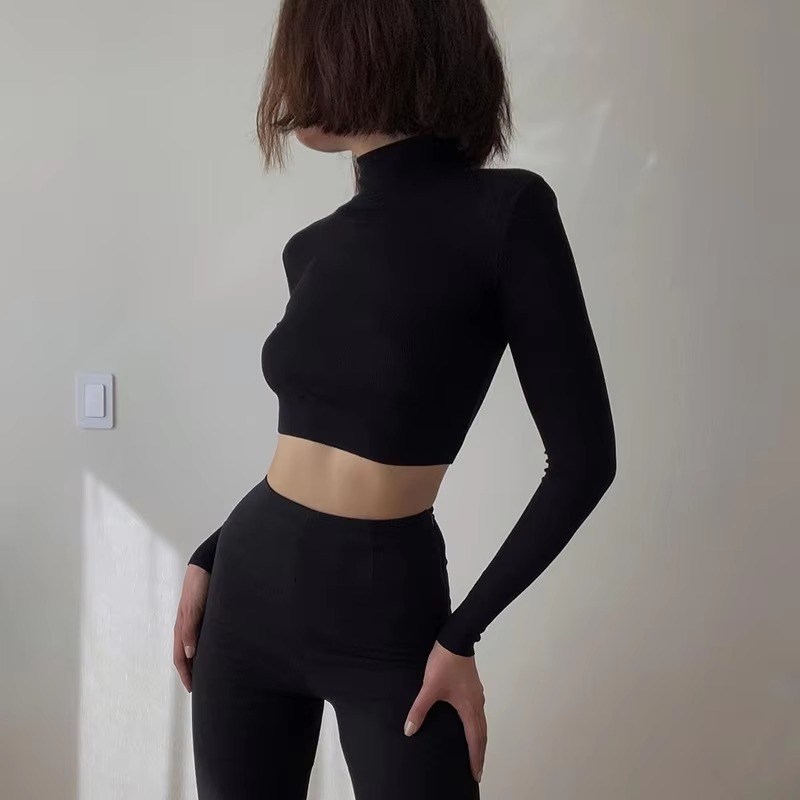 Casual Solid Nude Turtleneck Skinny Cropped T Shirt - Image 4