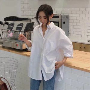 Casual Turn-down Collar Cotton Long Sleeve Loose Oversized Shirt