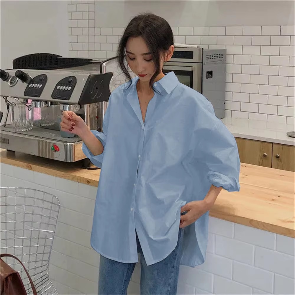Casual Turn-down Collar Cotton Long Sleeve Loose Oversized Shirt - Image 2