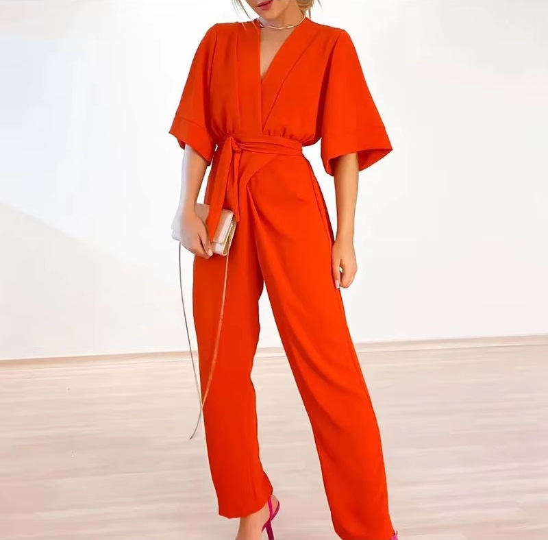 Casual V-neck Half Sleeve Straight Lace Up Loose Pants Jumpsuits