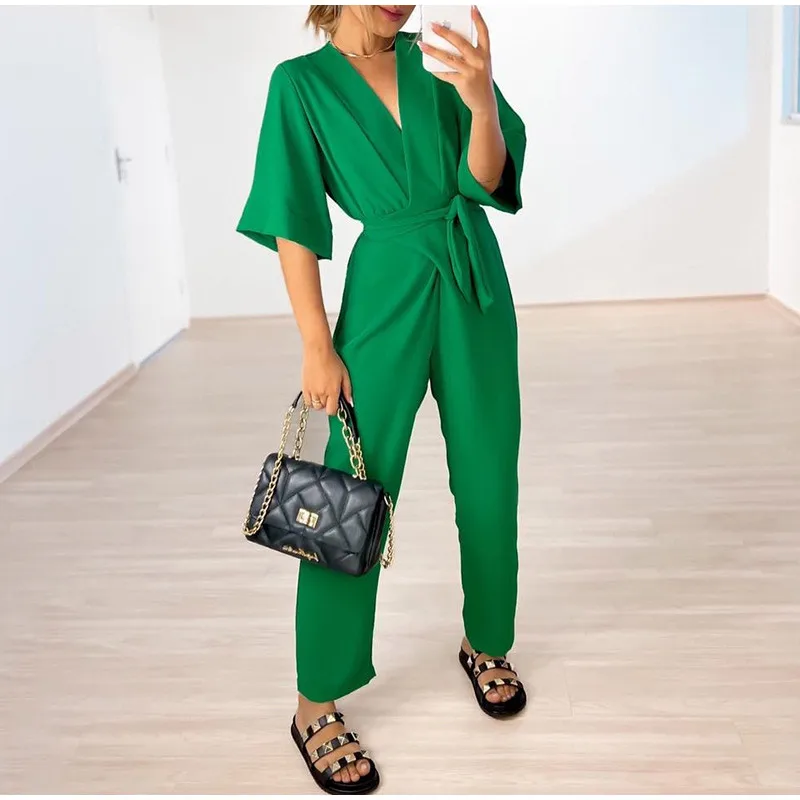 Casual V-neck Half Sleeve Straight Lace Up Loose Pants Jumpsuits - Image 2