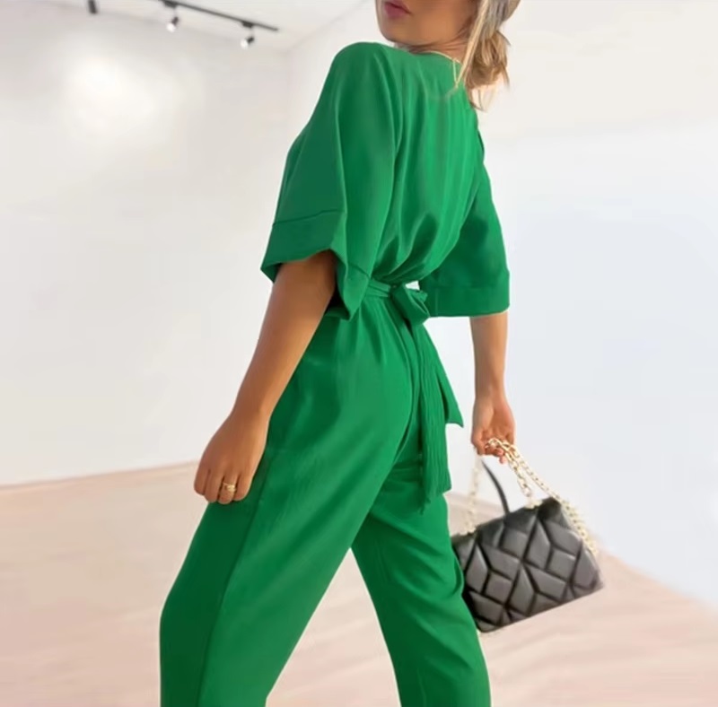 Casual V-neck Half Sleeve Straight Lace Up Loose Pants Jumpsuits - Image 3