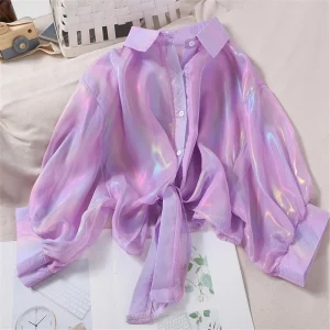Chiffon Long Sleeve Elegant Bright Casual Transparent Button Up Shirts