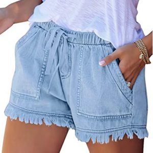 Denim Shorts, Casual Drawstring Elastic Waist Frayed Hem Loose Short Jeans