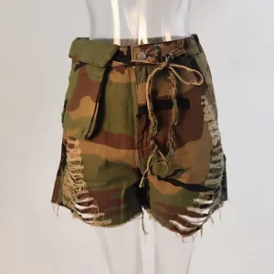 Denim Shorts High Waist Loose Straight Camouflage Tassels Hollow Out Short