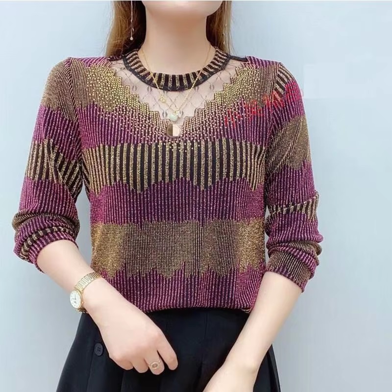 Diamond Hollow Out Trend Fashion Loose Casual Lace Patchwork Pullover Top
