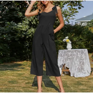 Elegant Shoulder Bow Sleeveless Wide Leg Rompers Holiday Beach Casual Jumpsuit