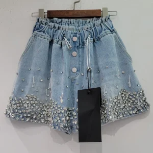 Fashion High Elastic Waist Tassel Diamond Wide Leg Denim Short