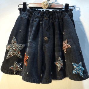 Fashion Women's Denim Shorts New High Waist Five Star Diamonds Straight Black Jeans