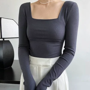 Long-sleeved square-neck t-shirt slim-fit exposed collarbone low-neck bottoming shirt