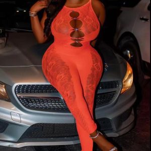 Trendy Mesh Jacquard Weave Cut Out See Through Slim Overalls Jumpsuit