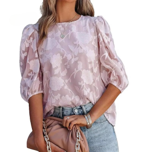 Puff Sleeve Crew Collar Hollow Out Flower Patchwork Blouse Tops