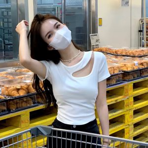 Pure Desire Wind Short-Sleeved Hollow Slim Short Bottoming O-neck Short Top