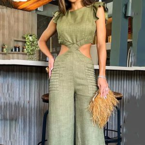 Solid Round Neck Ruffled Hollow Out Open Waist Wide Legs Loose Long Pants Jumpsuit