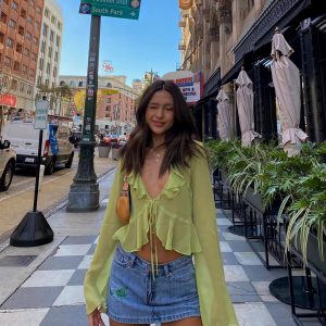 Tie Up Open Front Lace Cardigan Lace Up Lapel Crop Tops Vintage Shirt