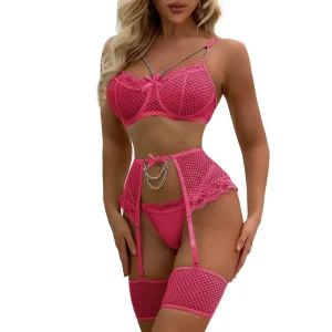 Transparent Lace Up Bandage Mesh Femme Lingerie Lace Bra Set