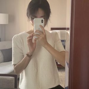 Trendy Half Sleeve O Neck Tweed Shirt Slim Corset Top