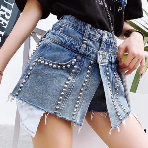 Trendy High Waist Fake Two Pcs Rivet Loose Wide Leg Short
