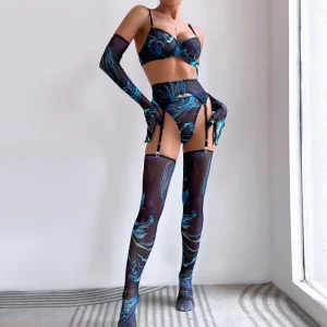 Trendy Printed Push Up Lingerie Gloves Garter Five-Piece Set