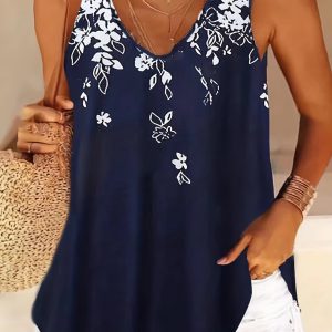 V Neck Camis Loose Casual Floral Patterned Sleeveless Tank Tops