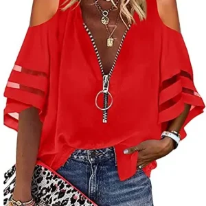 V-neck Half Horn Sleeve Grid Loose Leisure Shirt