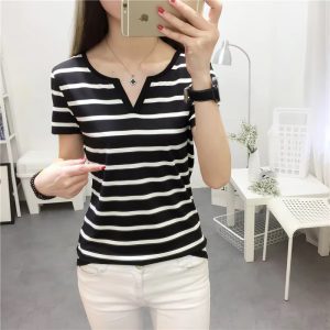 V Neck Striped Short Sleeve Fashionable T-shirt