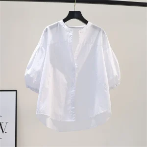Vintage V-Neck Button Style Loose Pullover Thin Shirts Tops