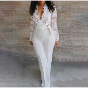 White Lace V-Neck Jumpsuit Women Long Sleeve High Waisted Sashes Sexy Jumpsuits Female