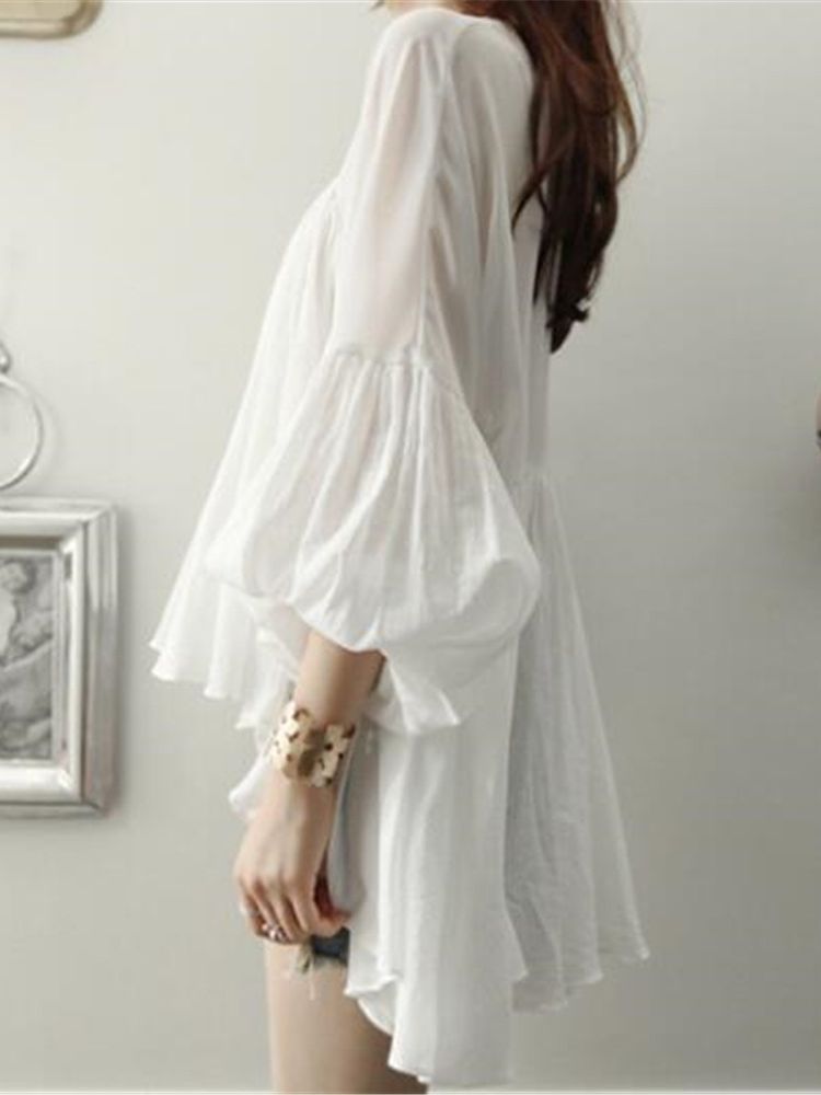 White Shirts Blusas V Neck Puff Sleeve Solid Color Irregular Chiffon Blouse - Image 2
