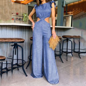 Women Jumpsuit Fashion Solid Round Neck Ruffled Short Sleeve Hollow Out Open Waist Wide Legs Loose Long Pants Jumpsuit