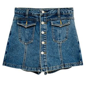 Women Short Jeans Fake 2 Pcs Patchwork Pocket Single Breasted High Waist Denim Blue Shorts