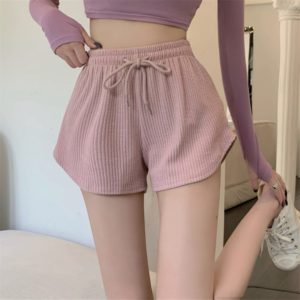 Women Summer High Elastic Shorts Lace Up Drawstring Wide Leg Sweat Shorts Solid Color Comfortable Breathable Lady Shorts