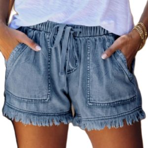 Women's Washed Denim Shorts, Casual Drawstring Elastic Waist Frayed Hem Loose Short Jeans