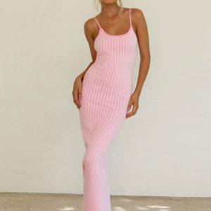 Barbie Pink Gingham Bodycon Dresses Plaid Sleeveless Backless Long Sheath Dress