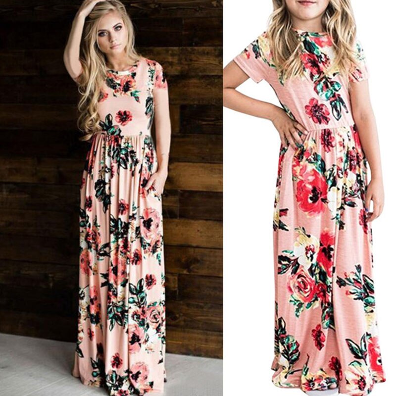 Mother and Daughter Dresses Casual Short Sleeve Floral Bohemia Long Dress For Family Matching Outfits - Image 6