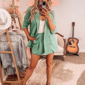 Two Piece Set Classic Blazer Jacket Belt Short Pants Turndown Collar Outfit