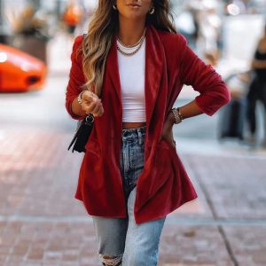 Velour Solid Color Chic Oversized Relaxed Street Outerwear Long Blazer Jacket